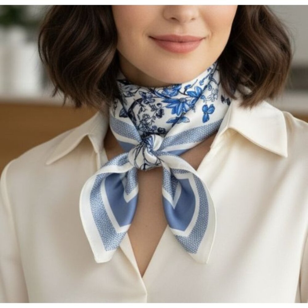⭐Soft Luxurious Elegant Women Square Silky Scarf Butterflies Flowers Blue White